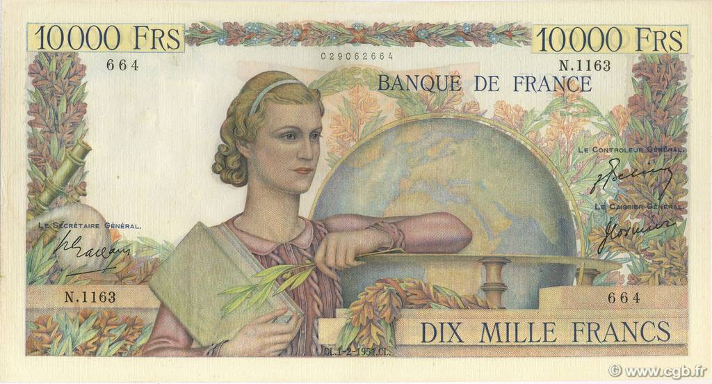 10000 Francs GÉNIE FRANÇAIS FRANCE  1951 F.50.47 VF+