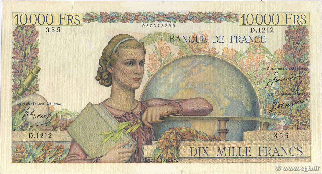 10000 Francs GÉNIE FRANÇAIS FRANCE  1951 F.50.48 VF-