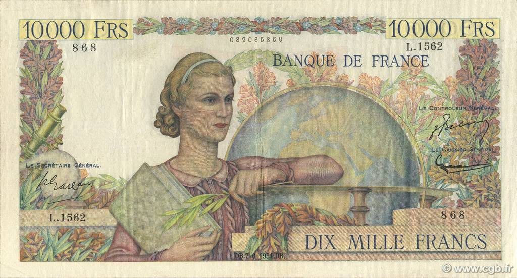 10000 Francs GÉNIE FRANÇAIS FRANCIA  1951 F.50.51 MBC