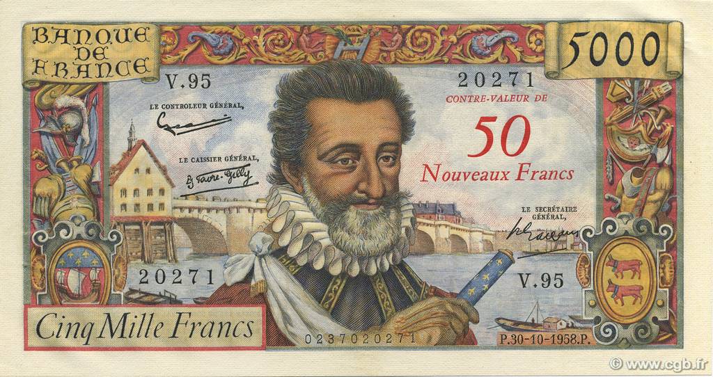 50 NF sur 5000 Francs HENRI IV FRANCE  1958 F.54.01 pr.SPL