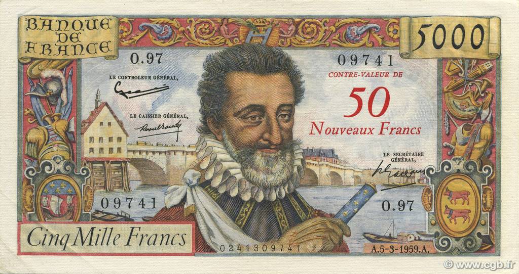 50 NF sur 5000 Francs HENRI IV FRANCIA  1959 F.54.02 SPL