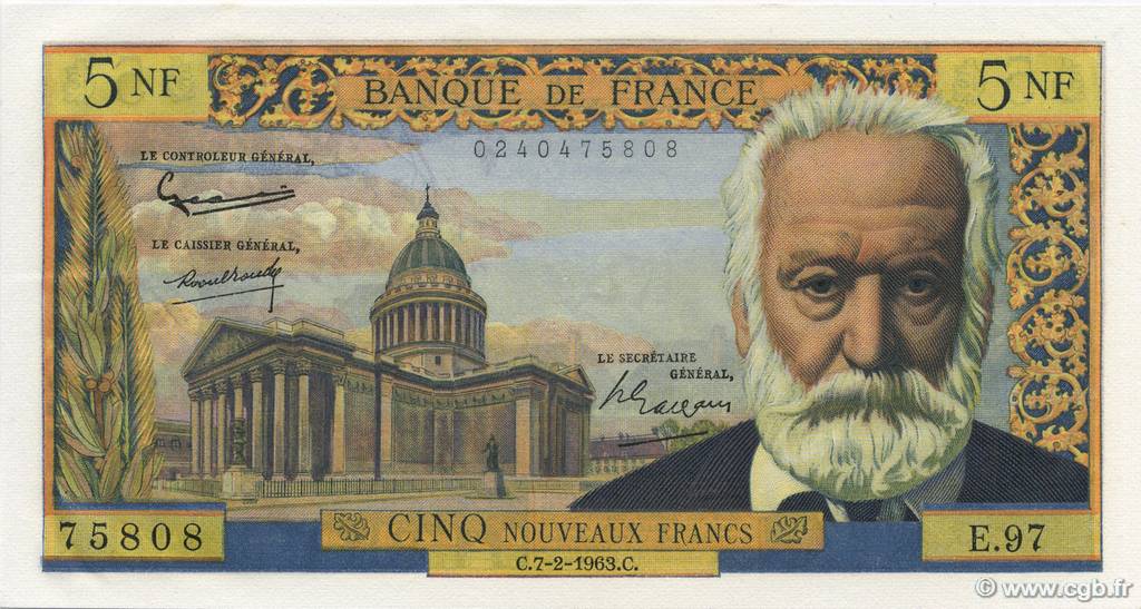 5 Nouveaux Francs VICTOR HUGO FRANCE  1963 F.56.13 pr.NEUF