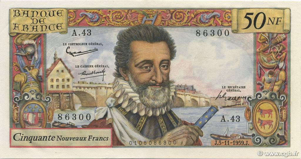 50 Nouveaux Francs HENRI IV FRANCE  1959 F.58.04 UNC-