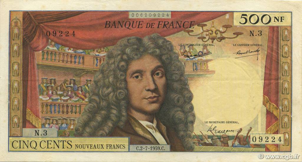 500 Nouveaux Francs MOLIÈRE FRANCE  1959 F.60.01 VF+