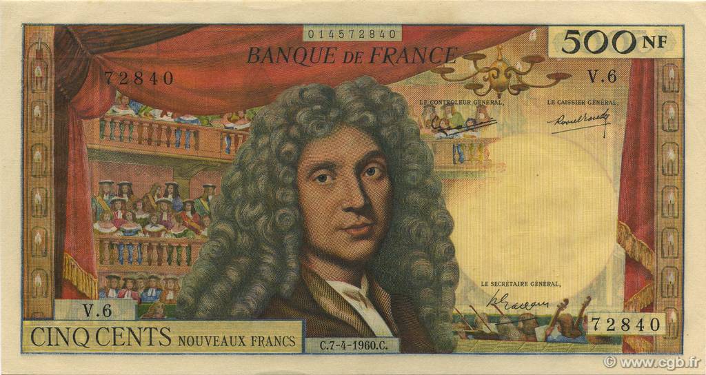 500 Nouveaux Francs MOLIÈRE FRANCE  1960 F.60.02 AU-