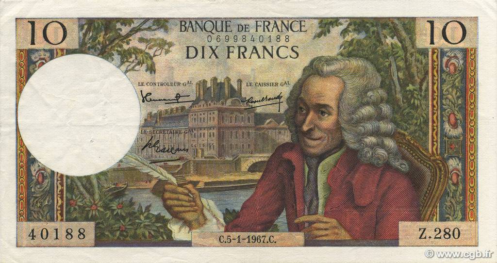 10 Francs VOLTAIRE FRANCE  1967 F.62.24 XF-