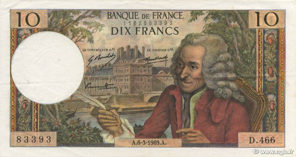 10 Francs VOLTAIRE FRANCE  1969 F.62.37 XF