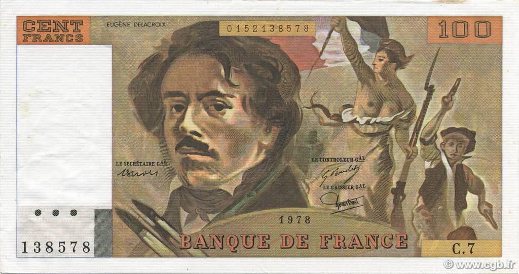 100 Francs DELACROIX modifié FRANCIA  1978 F.69.01d EBC a SC