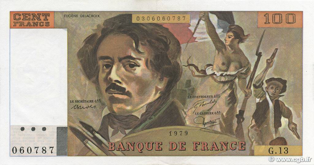 100 Francs DELACROIX modifié FRANCE  1979 F.69.02c SUP+