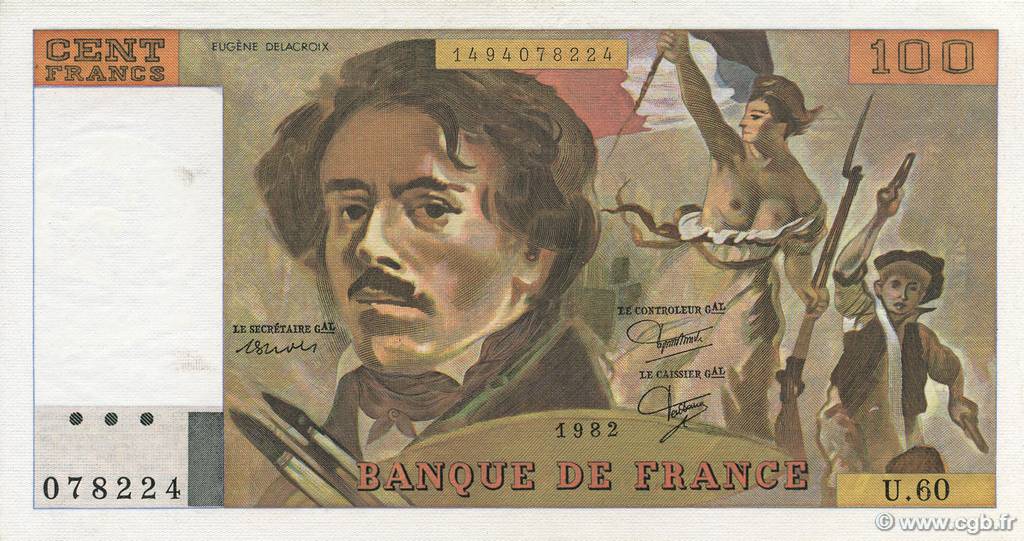 100 Francs DELACROIX modifié FRANCIA  1982 F.69.06 AU+