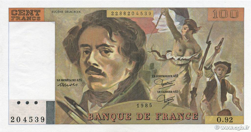 100 Francs DELACROIX modifié FRANCIA  1985 F.69.09 FDC
