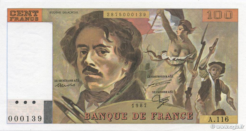 100 Francs DELACROIX modifié Petit numéro FRANKREICH  1987 F.69.11A116 ST
