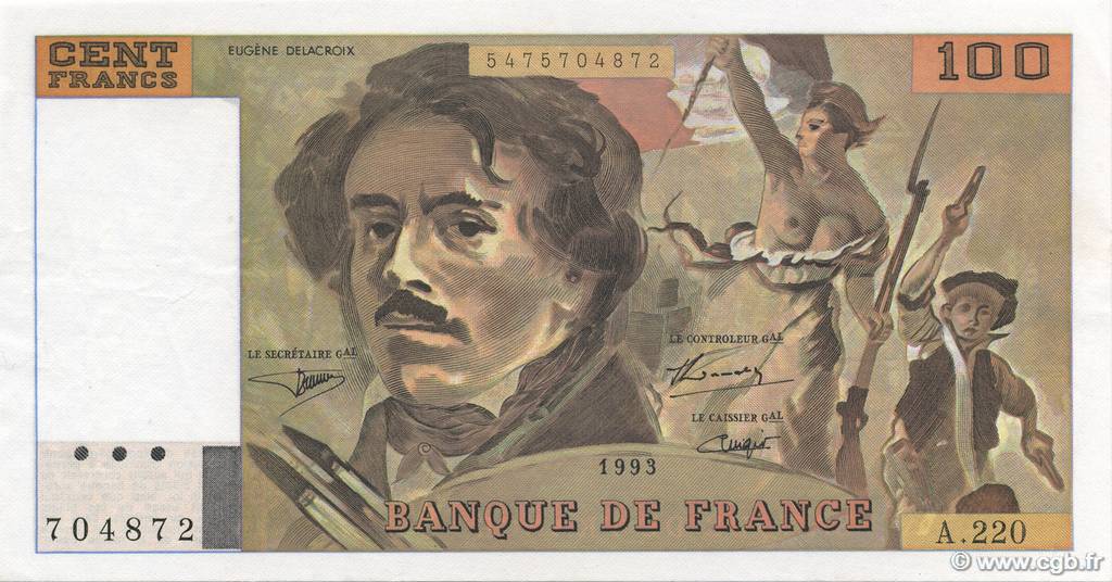 100 Francs DELACROIX imprimé en continu FRANCE  1993 F.69bis.07 XF+