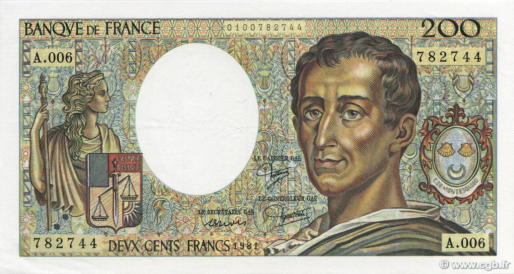 200 Francs MONTESQUIEU FRANCE  1981 F.70.01 XF+