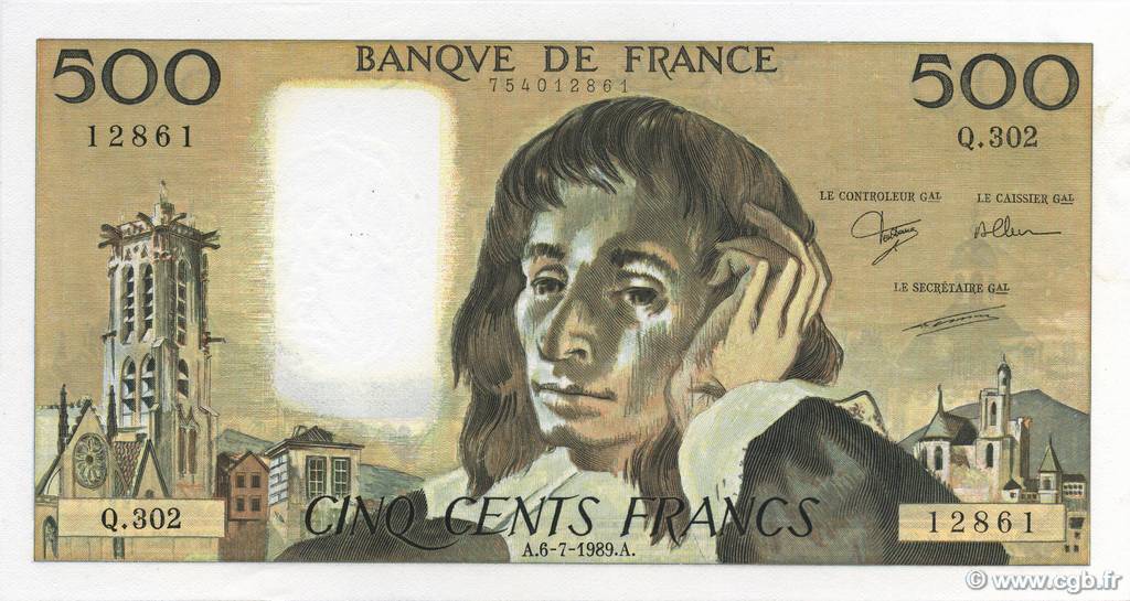 500 Francs PASCAL FRANCIA  1989 F.71.42 q.FDC