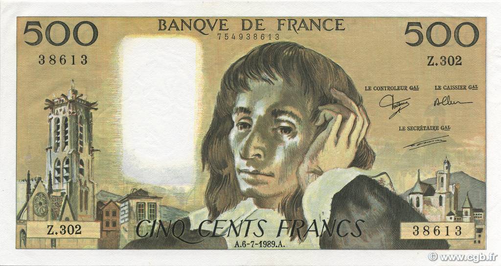 500 Francs PASCAL FRANCIA  1989 F.71.42 AU+