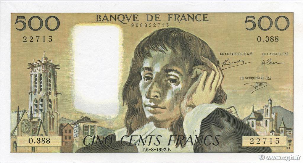 500 Francs PASCAL FRANKREICH  1992 F.71.50 fST+