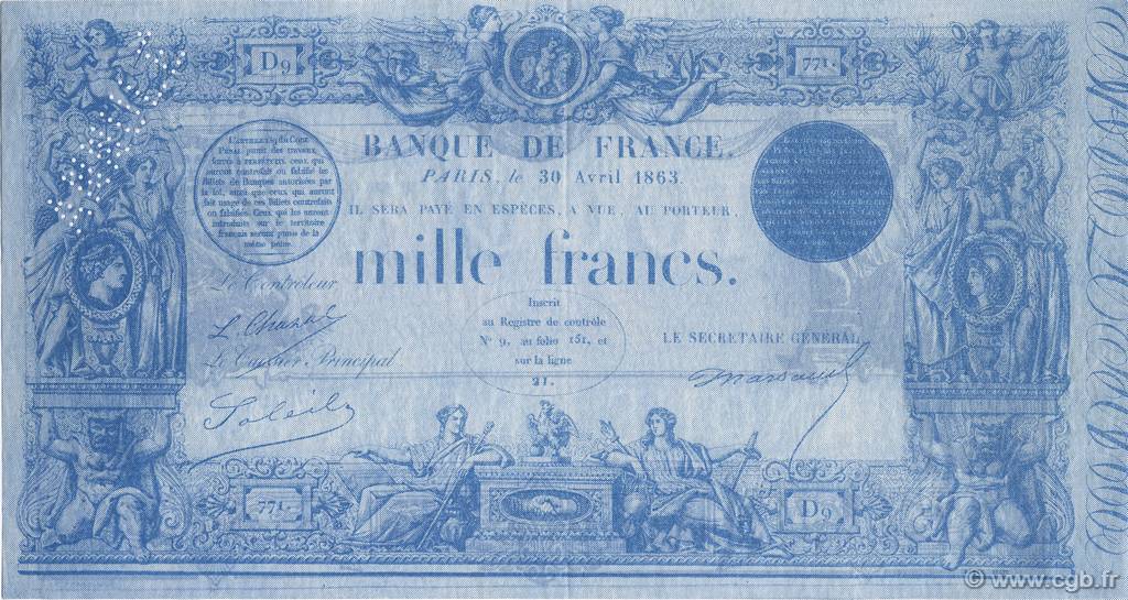1000 Francs à la griffe bleue FRANCE regionalism and miscellaneous  1863 F.A36.00 AU