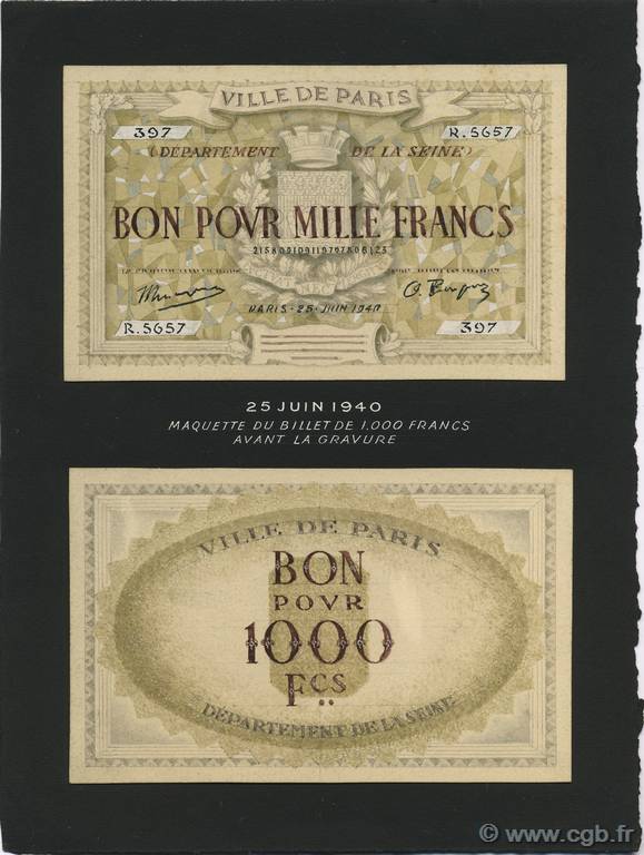 1000 Francs FRANCE regionalism and various  1940 F.-- UNC
