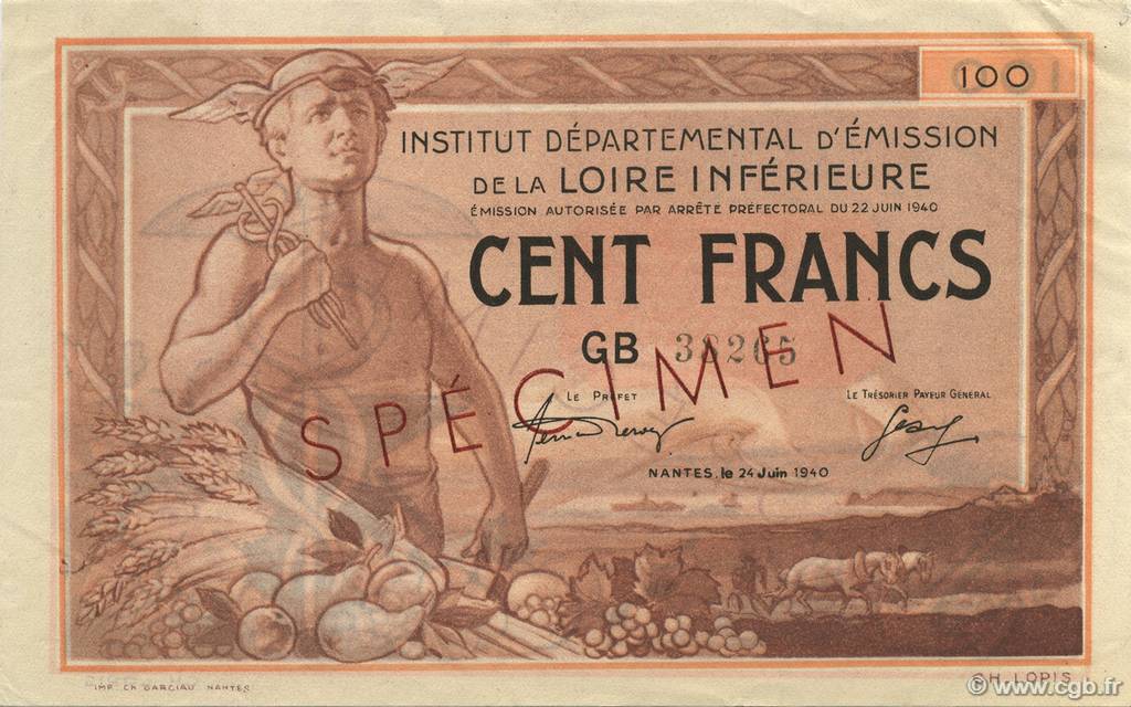 100 Francs LOIRE INFERIEURE FRANCE Regionalismus und verschiedenen  1940  fST