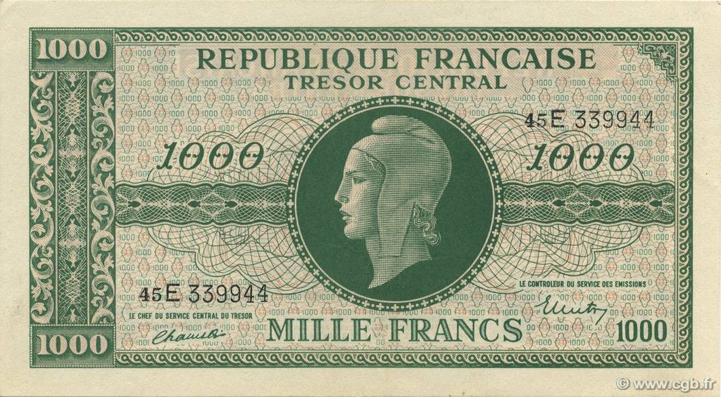 1000 Francs MARIANNE chiffres maigres FRANCIA  1945 VF.13.02 AU
