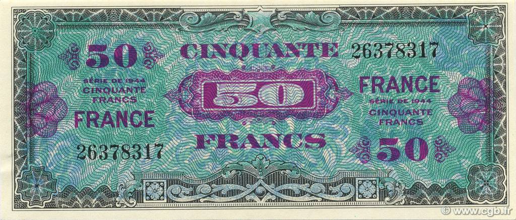 50 Francs FRANCE FRANKREICH  1944 VF.24.01 fST