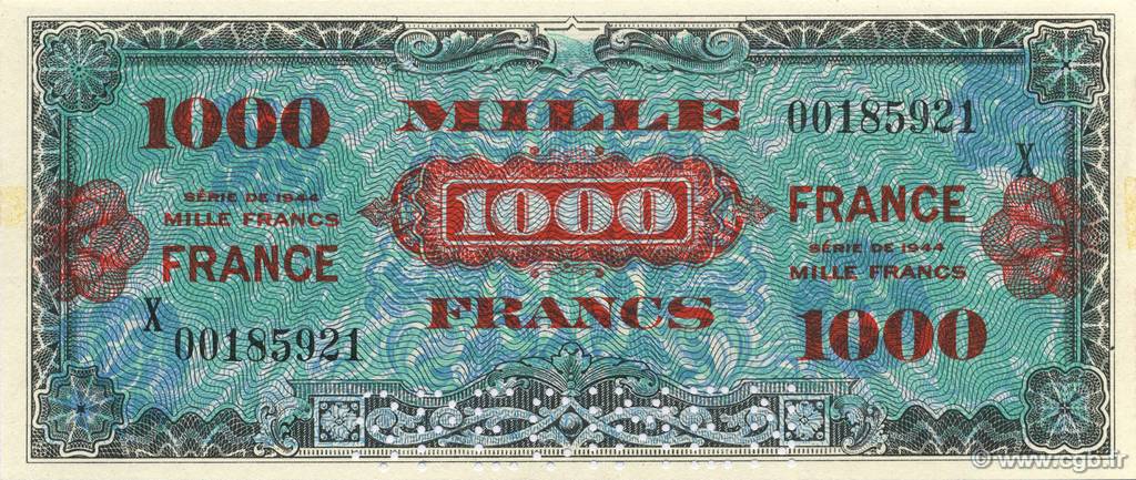 1000 Francs FRANCE FRANCE  1944 VF.27.04Sp AU