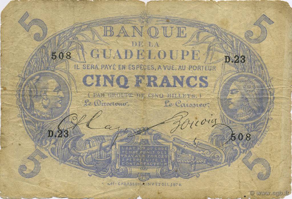 5 Francs Cabasson bleu GUADELOUPE  1891 P.06 VG