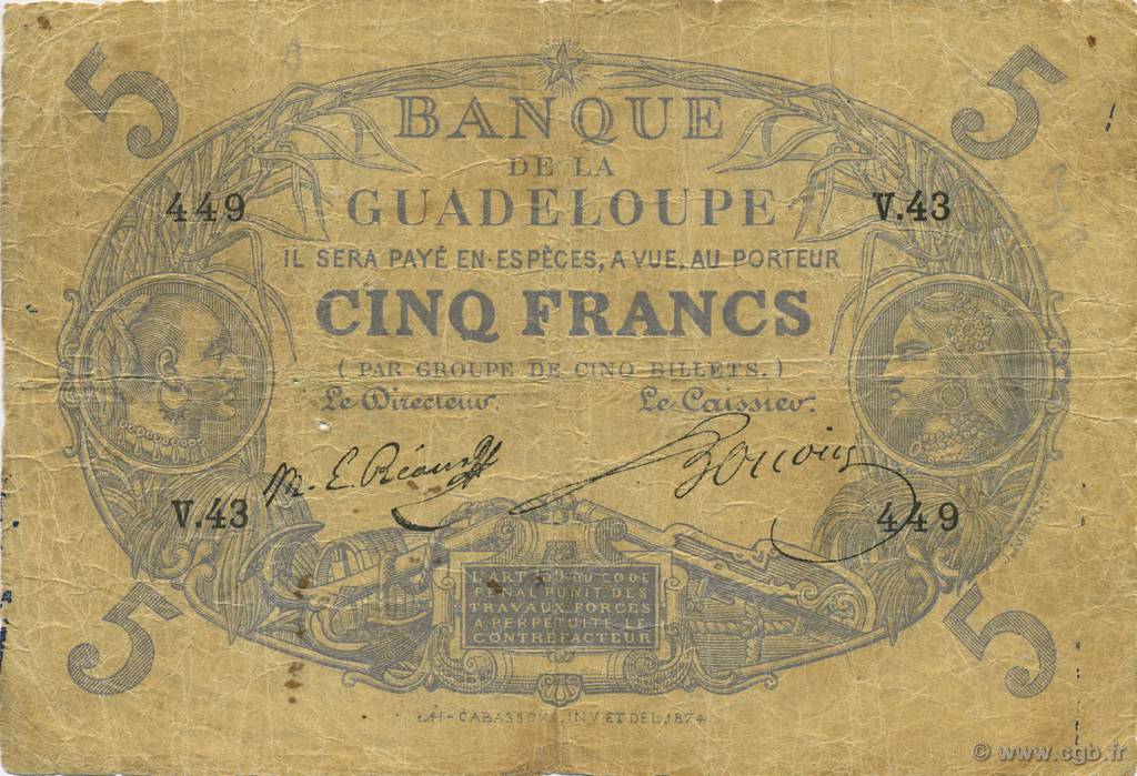 5 Francs Cabasson bleu GUADELOUPE  1897 P.06 F-