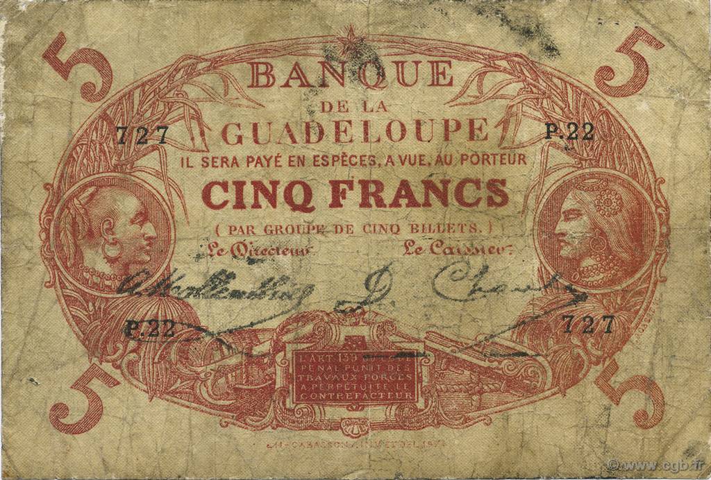 5 Francs Cabasson rouge GUADELOUPE  1919 P.07a VG