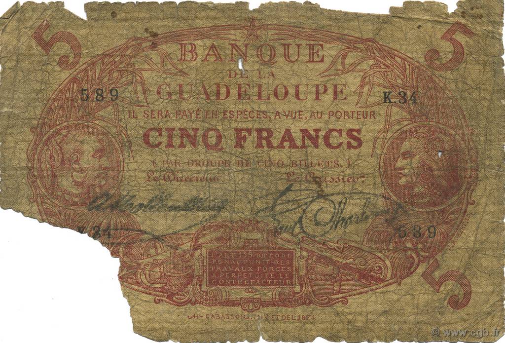 5 Francs Cabasson rouge GUADELOUPE  1922 P.07- P
