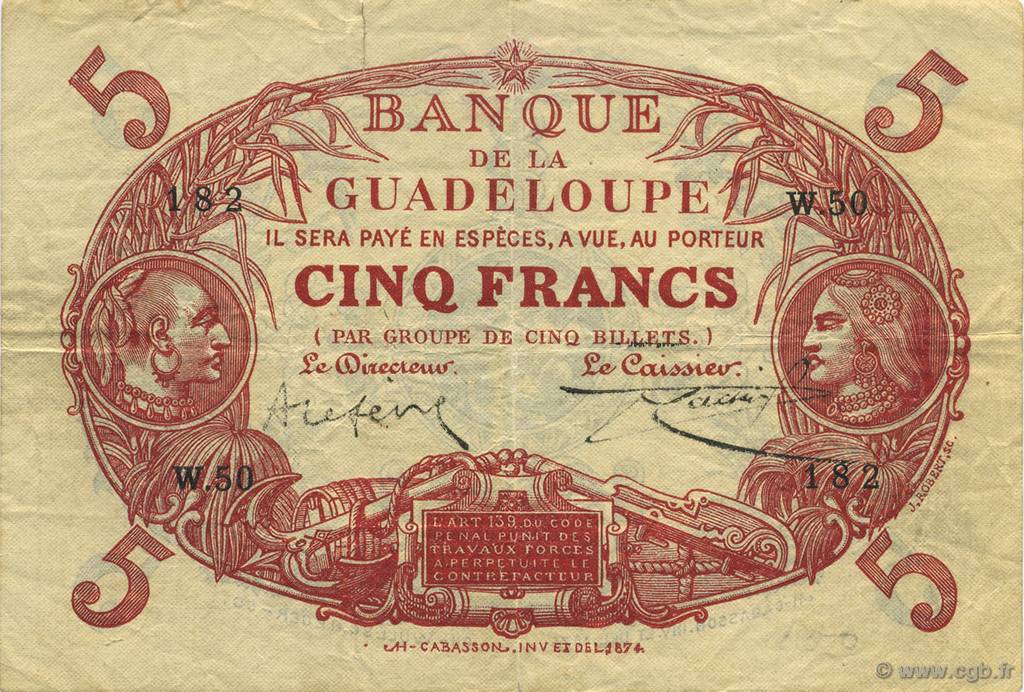 5 Francs Cabasson rouge GUADELOUPE  1923 P.07- VF