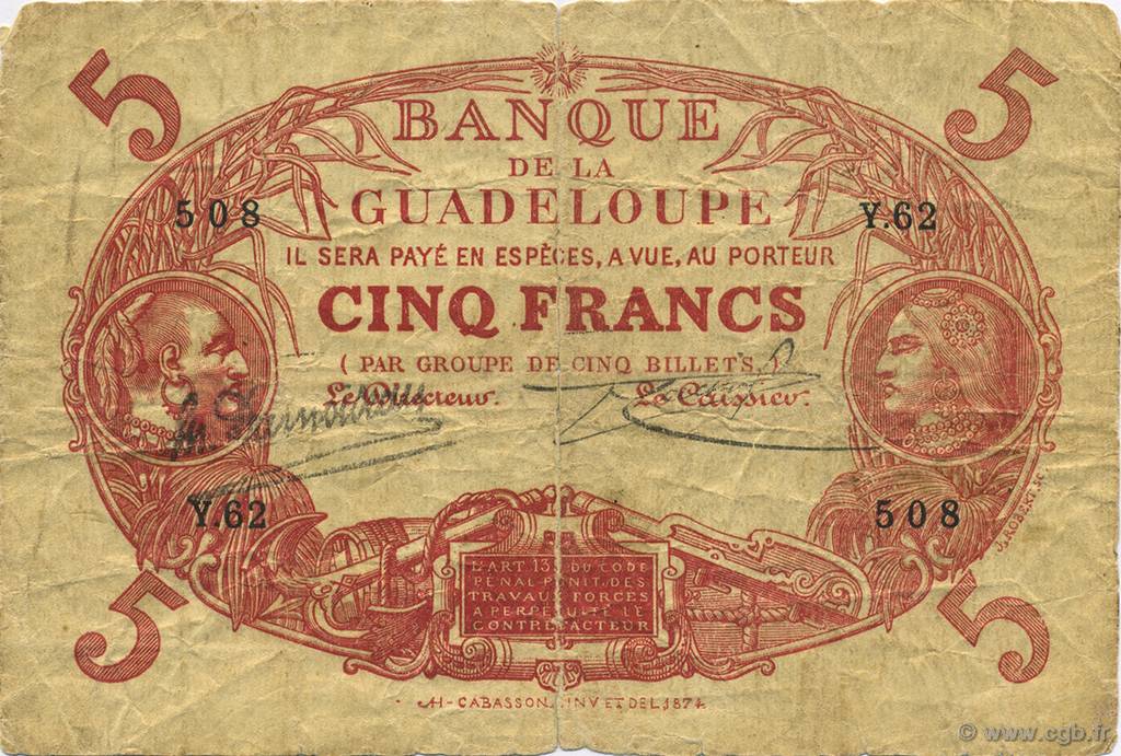 5 Francs Cabasson rouge GUADELOUPE  1923 P.07b q.MB