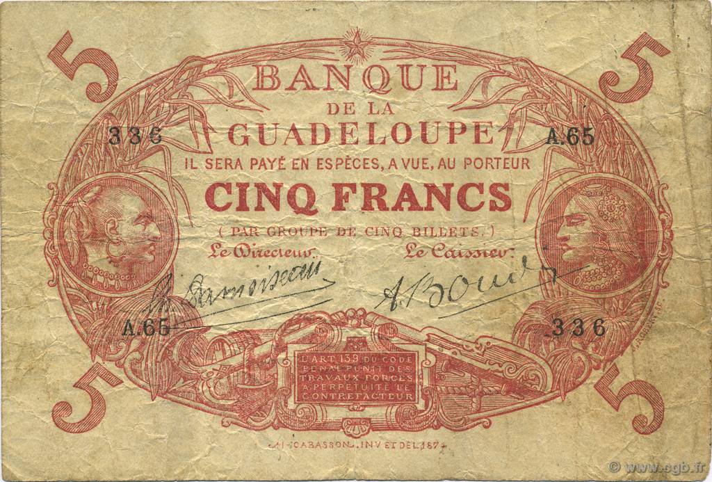 5 Francs Cabasson rouge GUADELOUPE  1923 P.07b F+