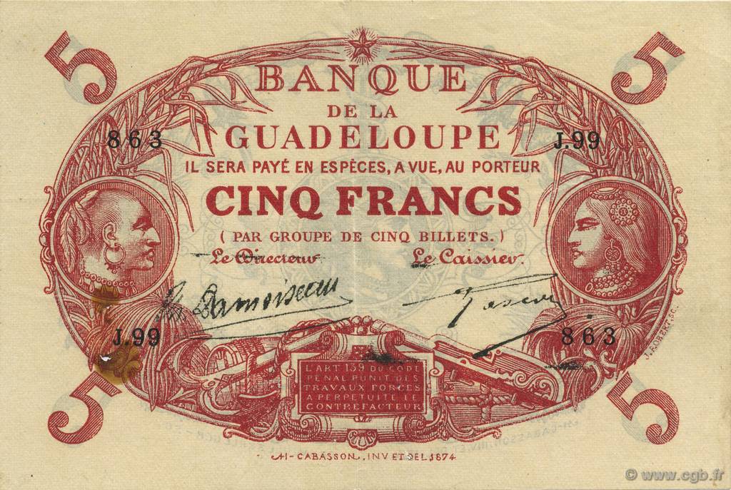 5 Francs Cabasson rouge GUADELOUPE  1928 P.07b VF+