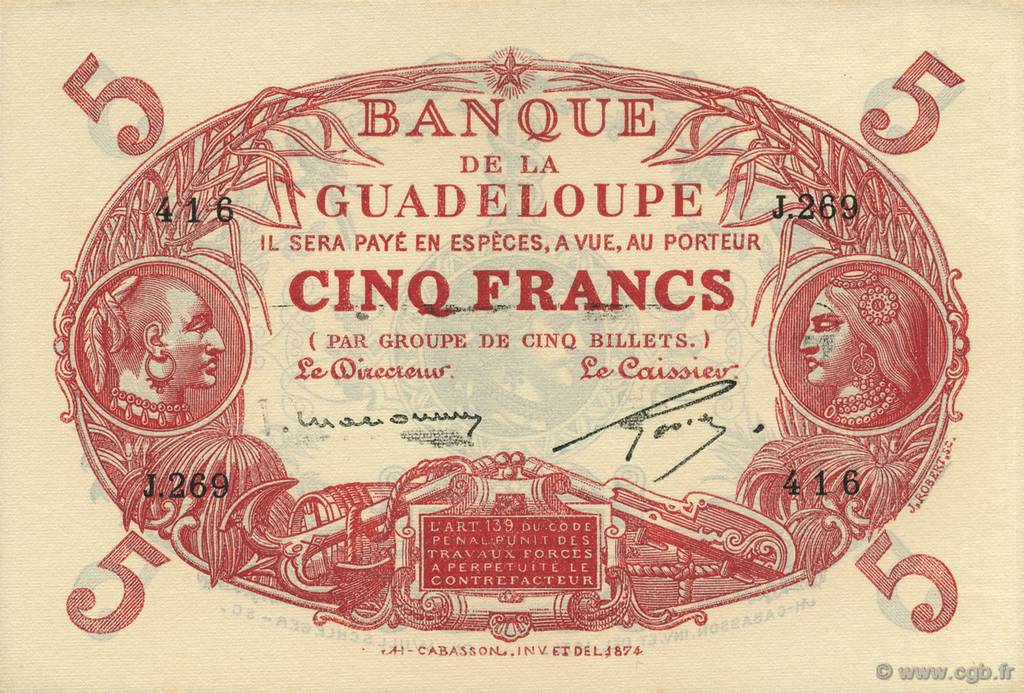 5 Francs Cabasson rouge GUADELOUPE  1934 P.07c q.FDC