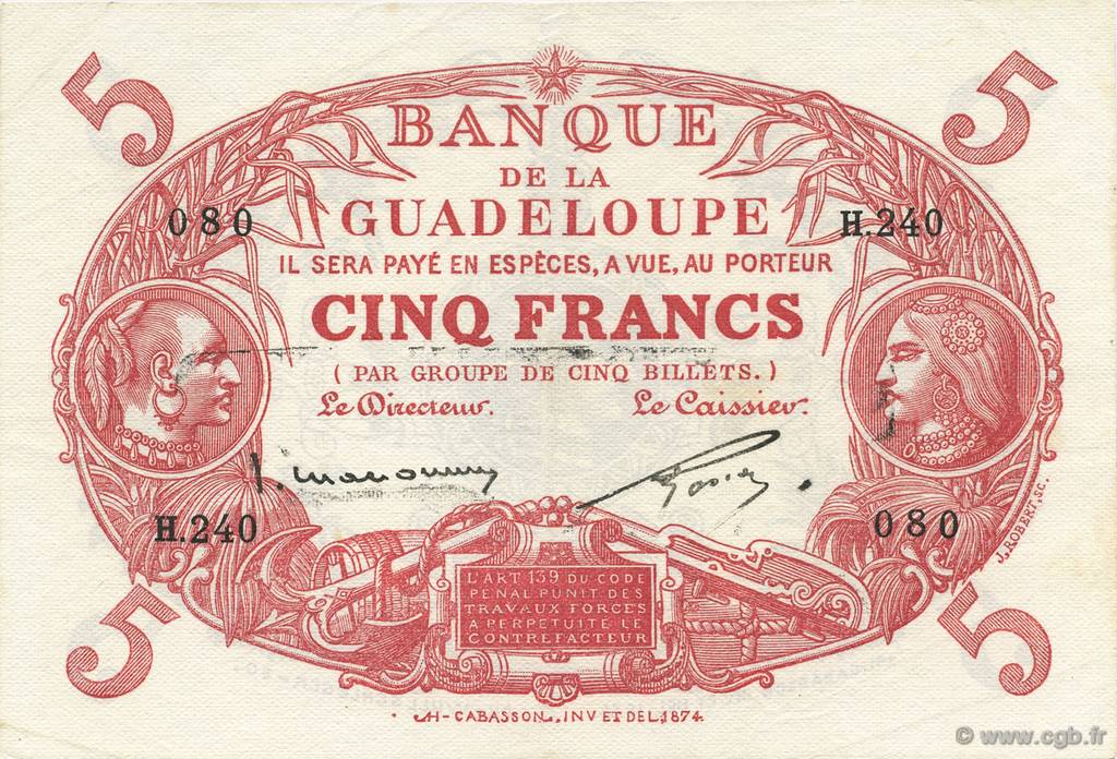 5 Francs Cabasson rouge GUADELOUPE  1934 P.07c XF - AU