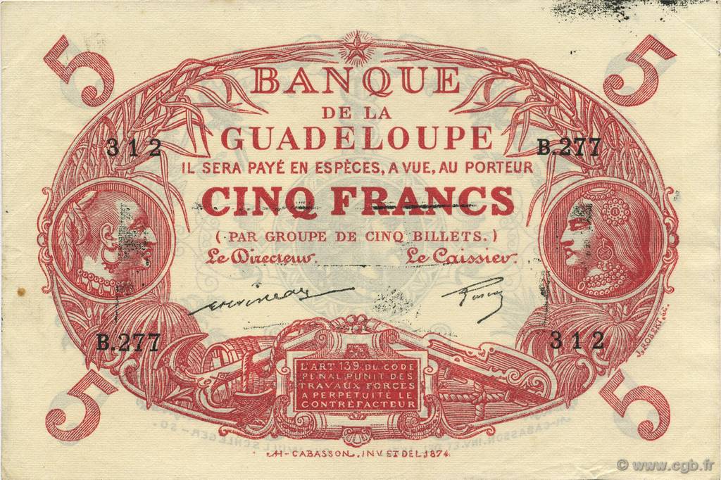 5 Francs Cabasson rouge GUADELOUPE  1944 P.07d SPL