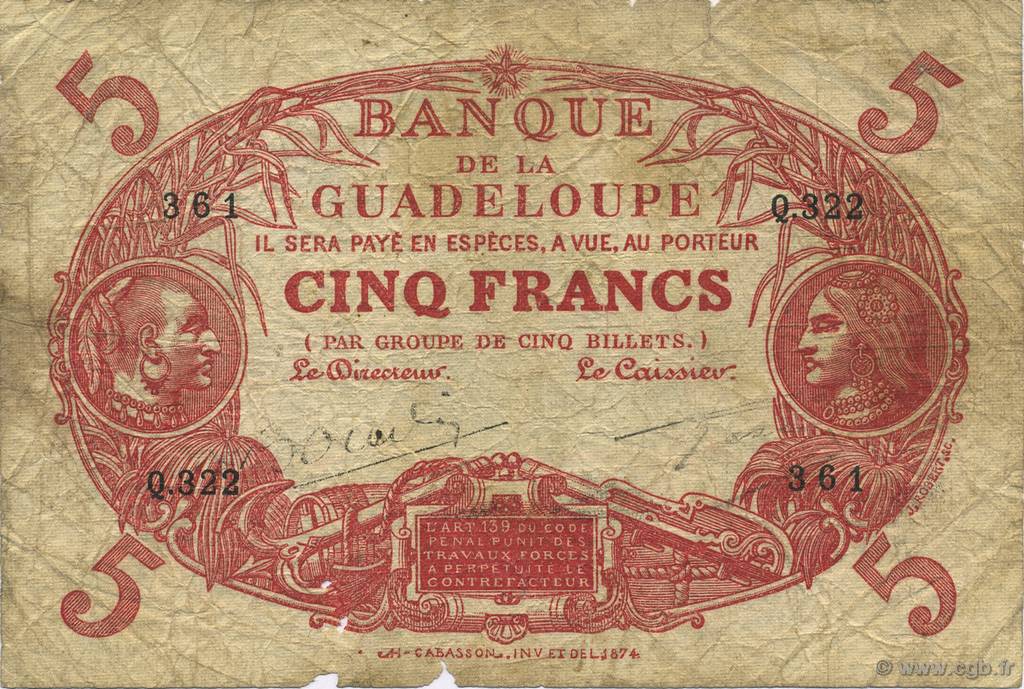 5 Francs Cabasson rouge GUADELOUPE  1945 P.07e q.MB