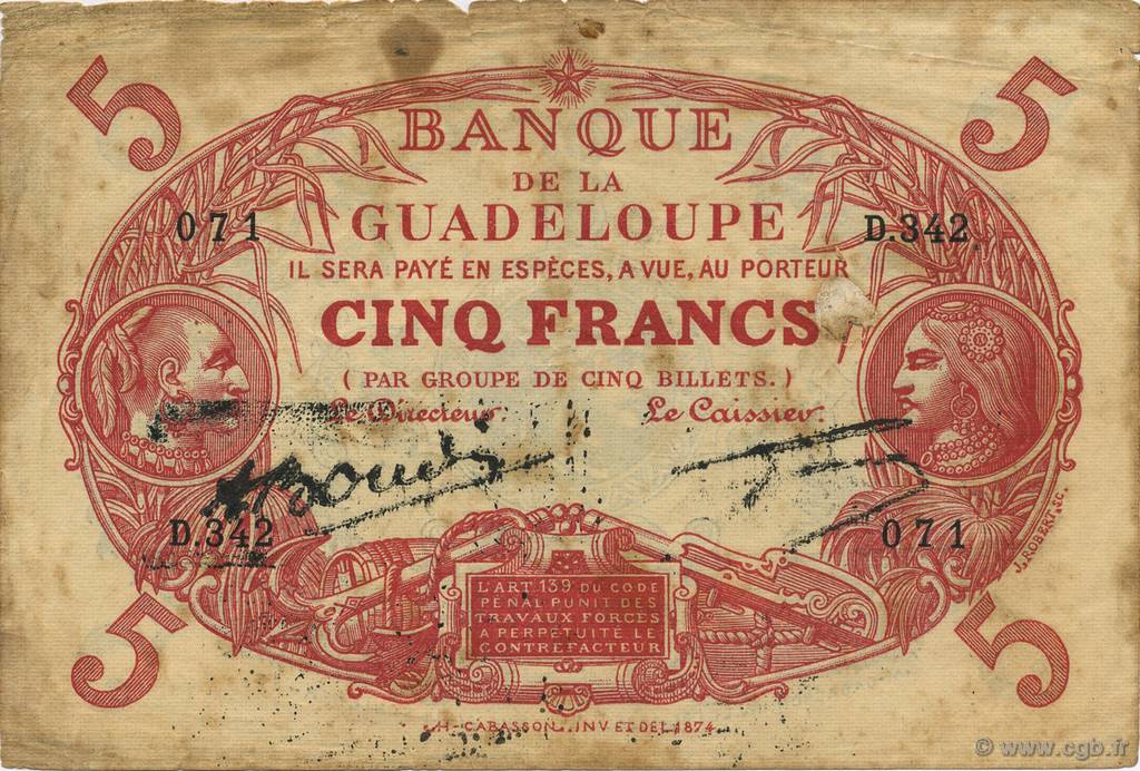 5 Francs Cabasson rouge GUADELOUPE  1945 P.07e MB