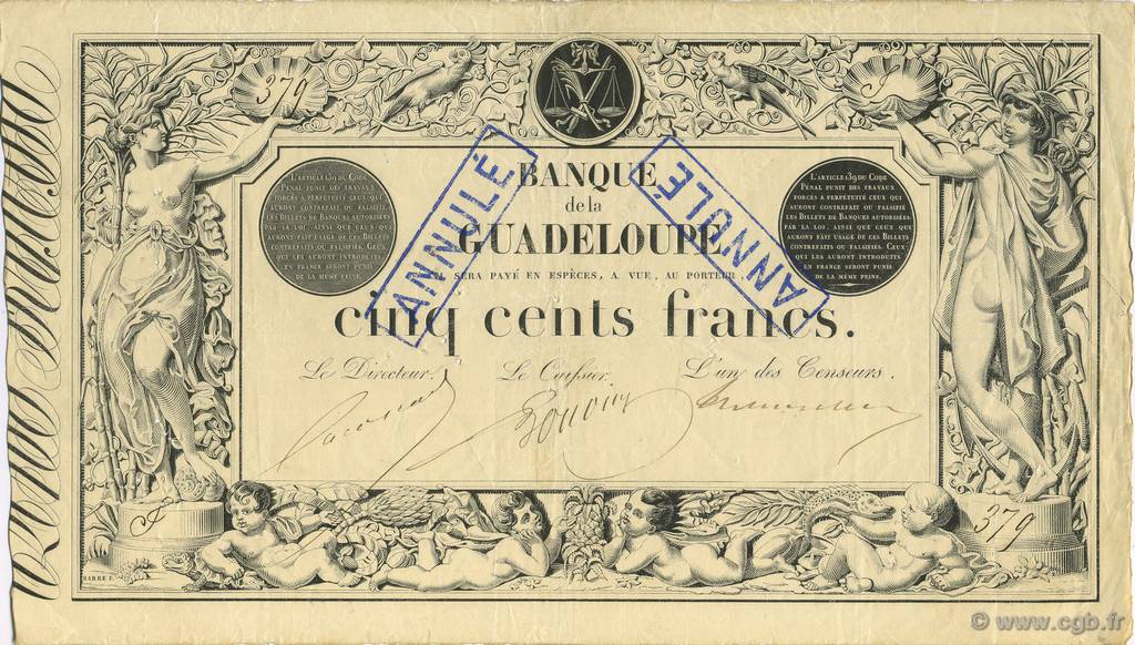 500 Francs GUADELOUPE  1881 P.10-- VF+