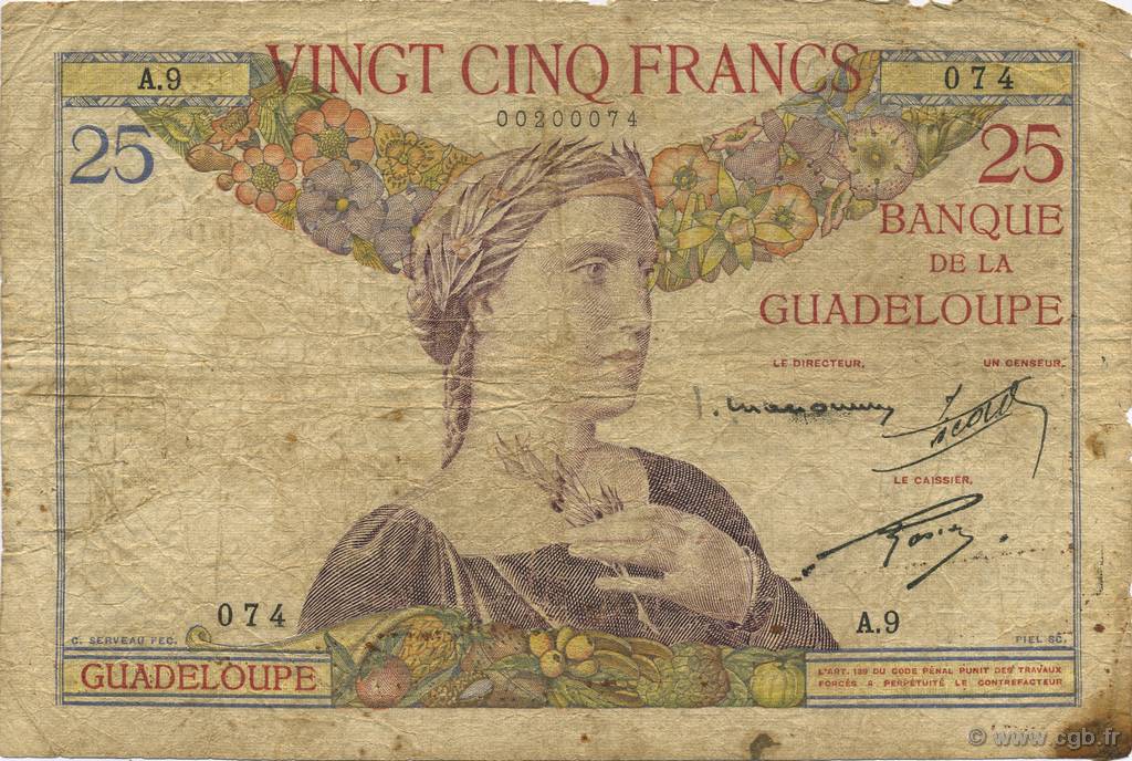 25 Francs GUADELOUPE  1934 P.14 B a MB
