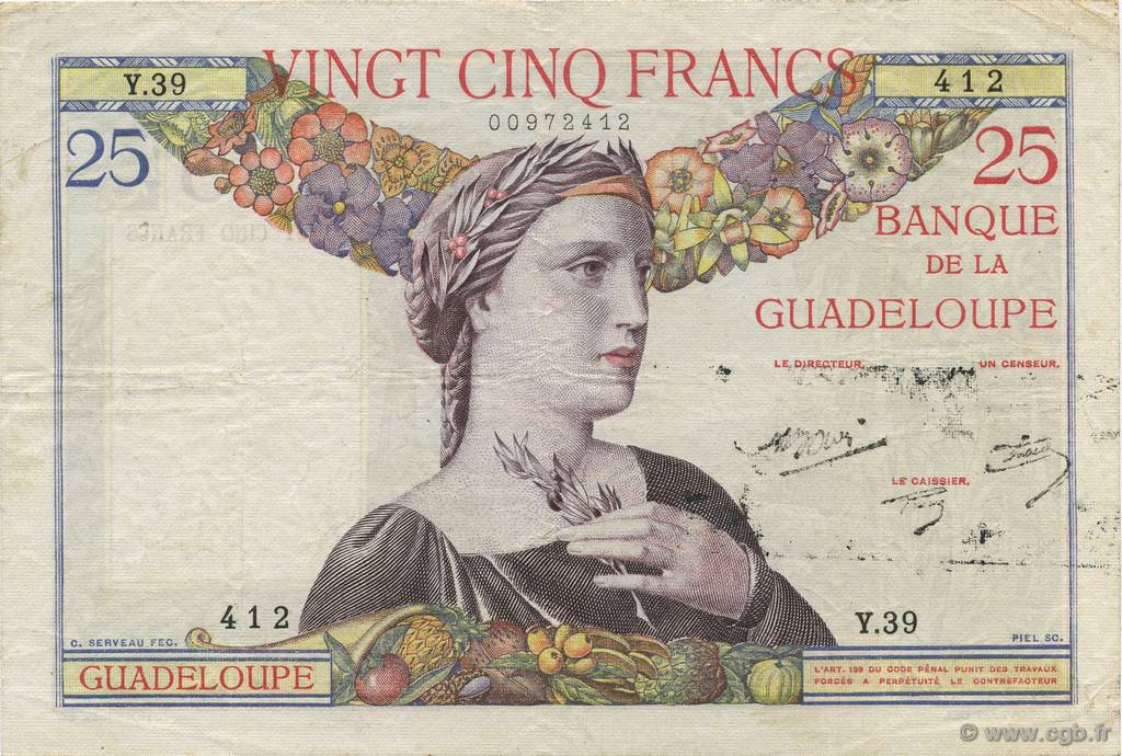 25 Francs GUADELOUPE  1944 P.14 fVZ