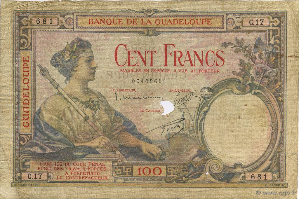 100 Francs GUADELOUPE  1934 P.16 VG