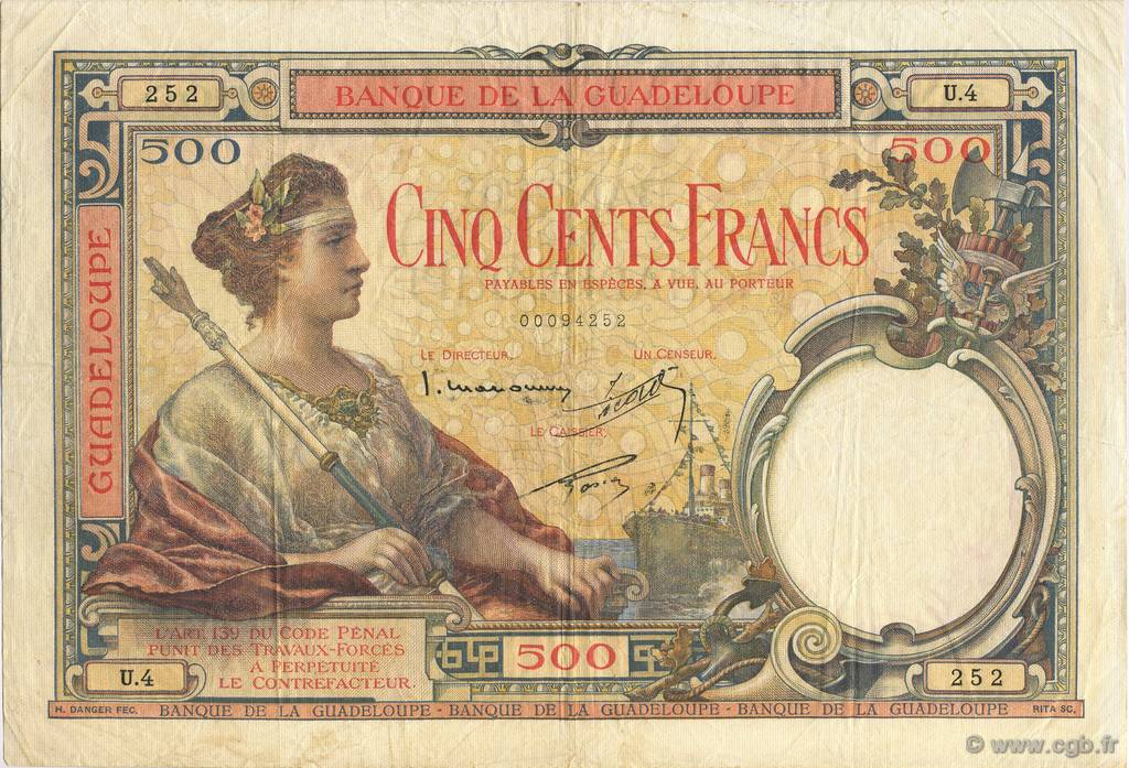 500 Francs GUADELOUPE  1934 P.17 VF
