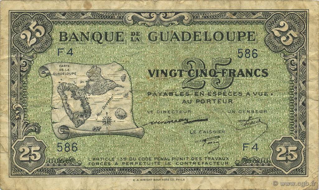 25 Francs GUADELOUPE  1944 P.22a F