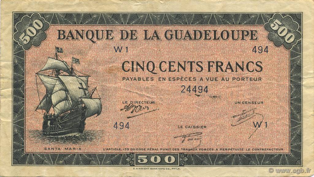 500 Francs GUADELOUPE  1945 P.25a fVZ