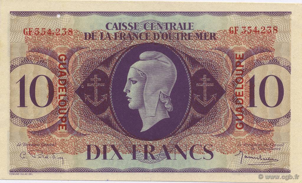 10 Francs GUADELOUPE  1944 P.27a VZ+