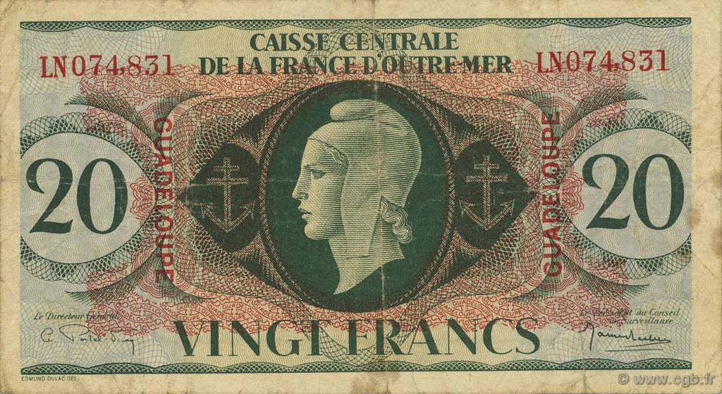 20 Francs GUADELOUPE  1944 P.28a fSS