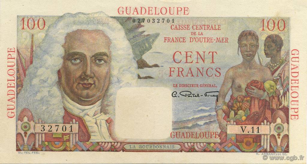 100 Francs La Bourdonnais GUADELOUPE  1946 P.35 AU